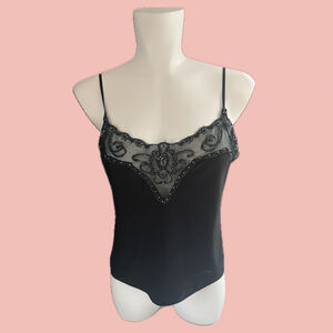Vintage New Look Mesh Embellished Camisole – Beaded Sheer Detail – Black